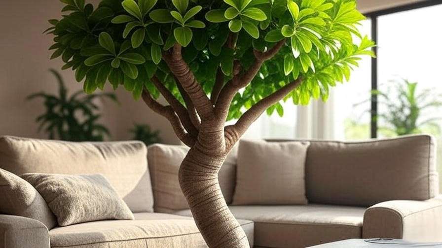 "Lush money tree with braided trunk in a modern living room, enhancing home decor