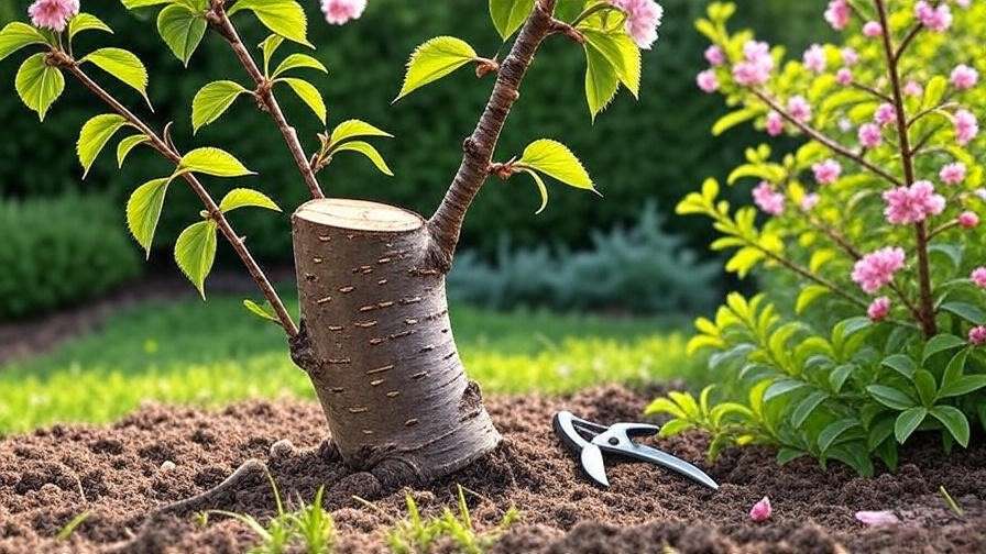 Close-up of a cherry tree branch with pruned cuts and pruning shears in a lush garden.