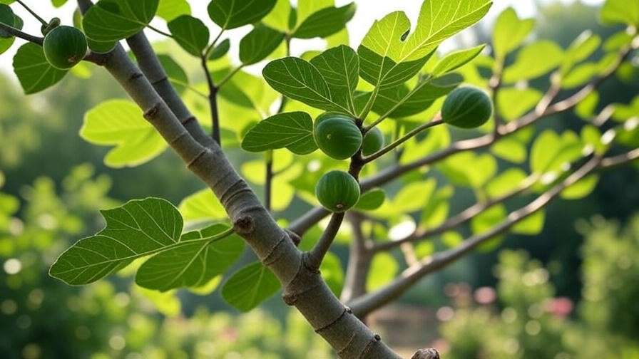 "Healthy fig tree with pruned branches and ripe figs in a sunny garden