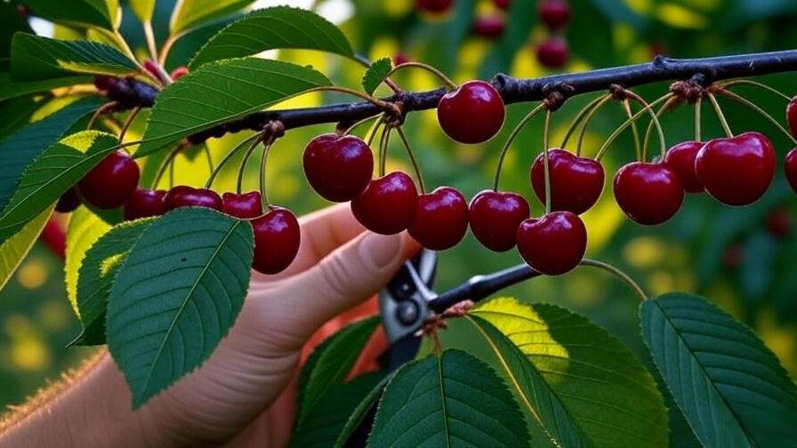 Close-up of ripe cherries on a tree branch with a hand picking one using shears in an orchard.