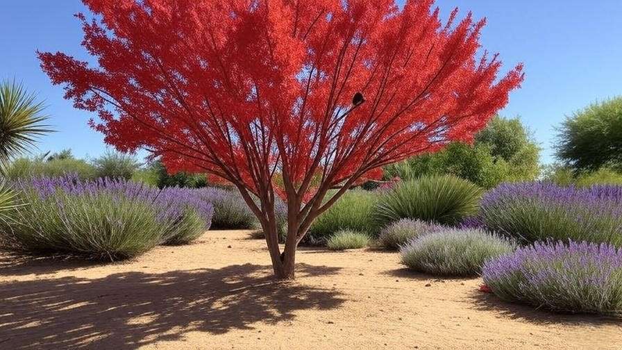 Mature Red Push Pistache tree with red foliage shading a desert garden with lavender, sage, and a perched bir
