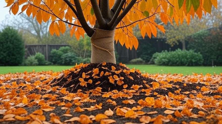 Dormant cherry tree with mulch and wrapped trunk in winter"