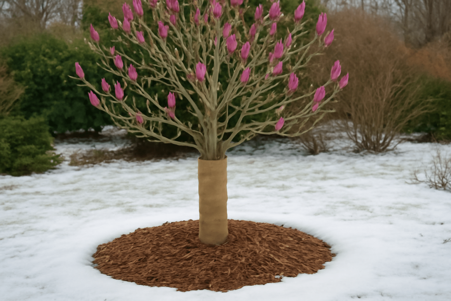 Saucer magnolia tree with burlap wrap and mulch in a snowy winter garden"
