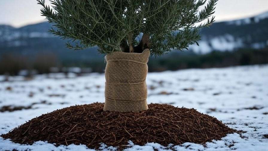 Kalamata olive tree wrapped in burlap with mulch in a snowy landscape