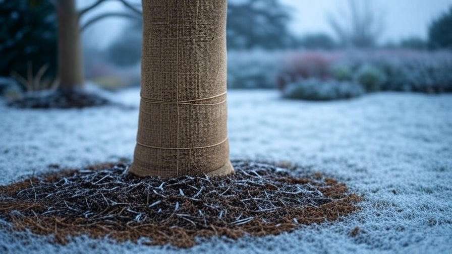 Winter-protected Black Mission Fig Tree with burlap and mulch in snowy garden".