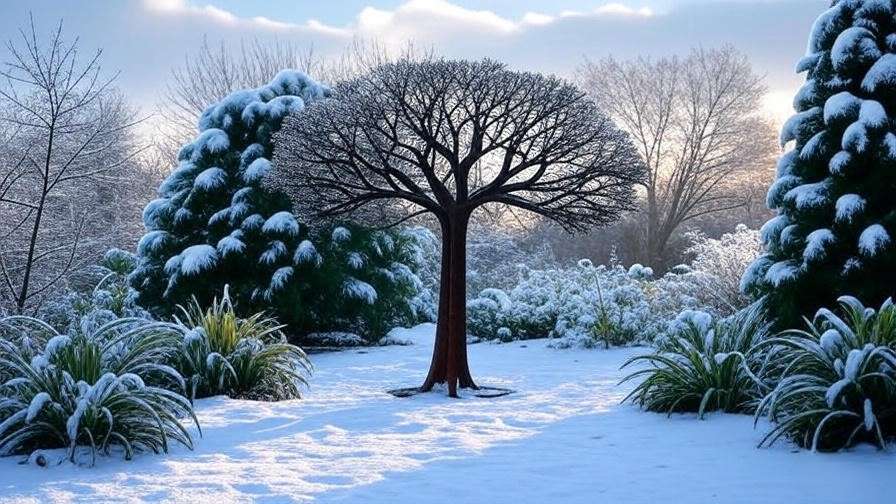 Metal tree with protective cover in a snowy winter garden landscape."
