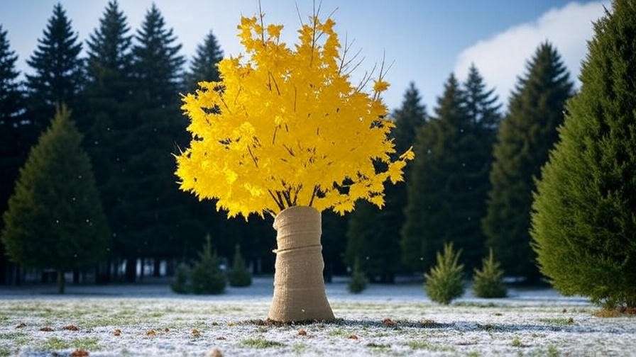 Young yellow maple tree wrapped for winter protection in snowy landscape".