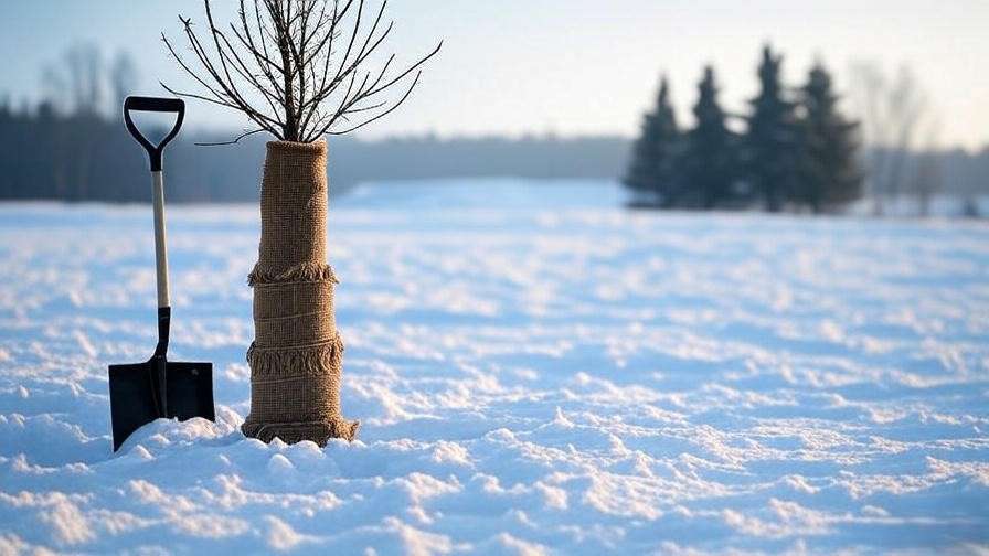 Young tree wrapped in burlap with shovel in snowy winter scene.
