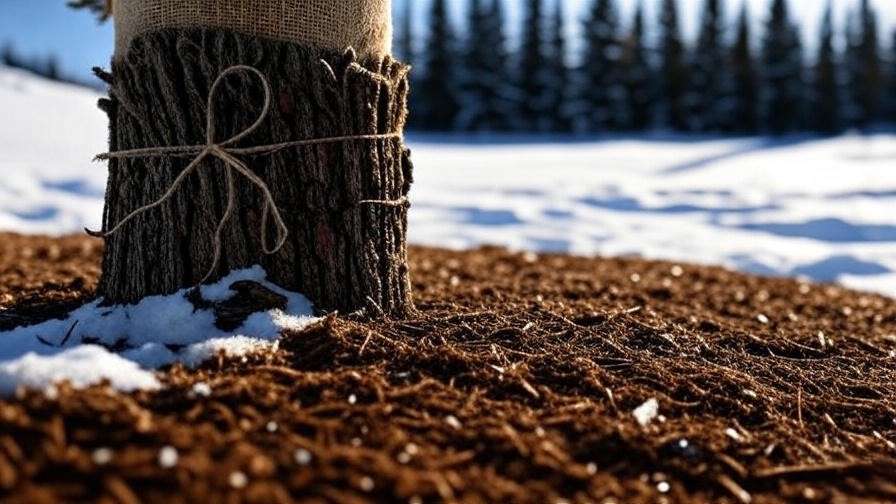 Spruce tree trunk wrapped in burlap with mulch for winter protection in frozen Alaskan landscape."