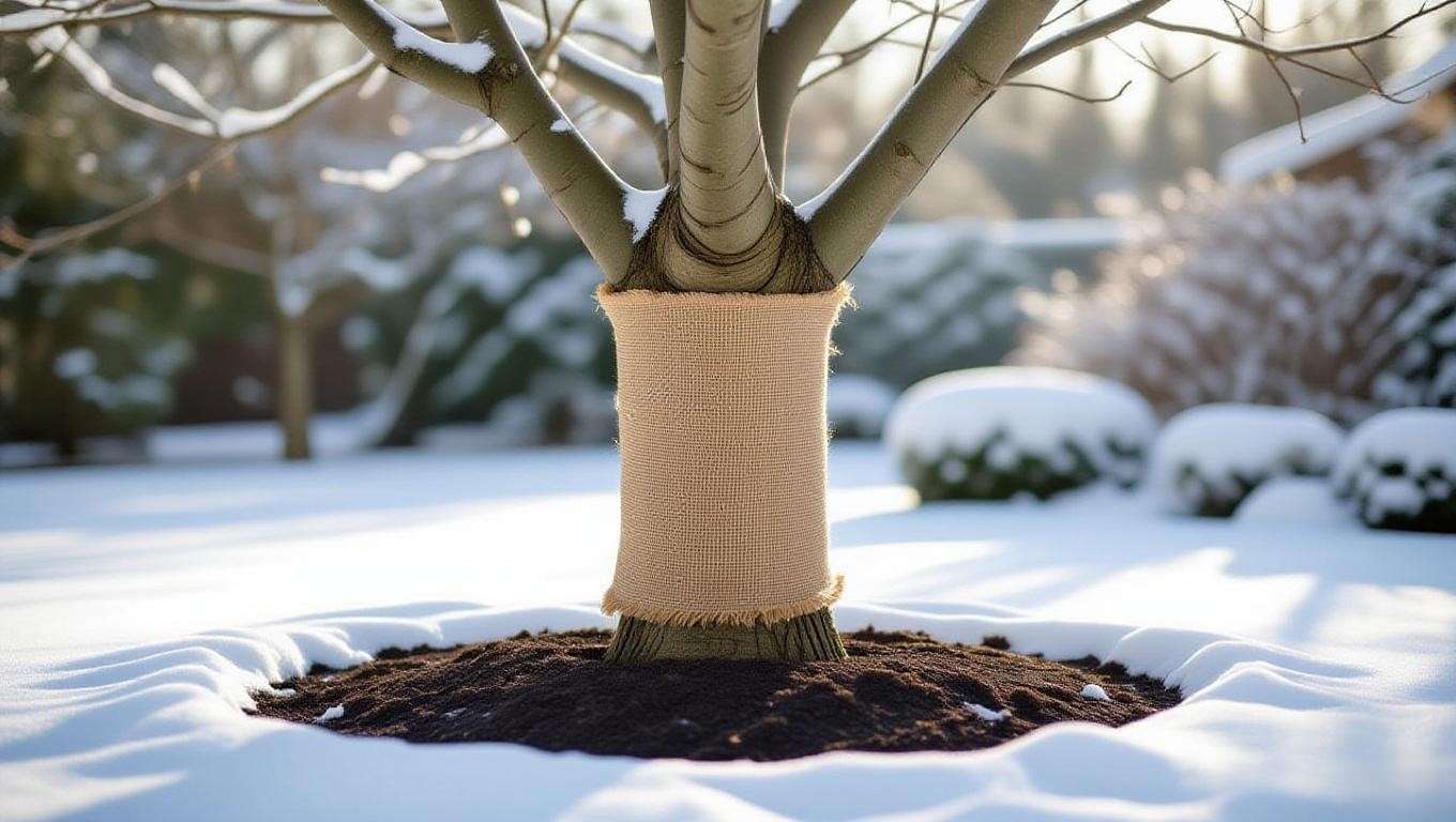 Fig tree wrapped in burlap with mulch for winter protection in a snowy garden."