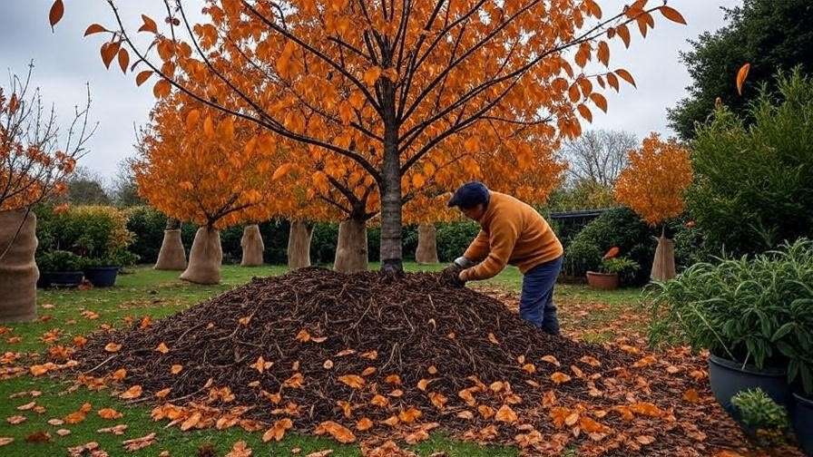 Gardener mulching cherry tree with burlap wraps in fall