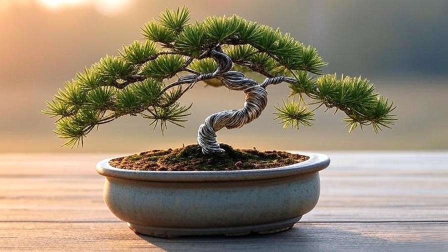 Spruce bonsai tree with wire shaping branches in a ceramic pot, outdoor setting."