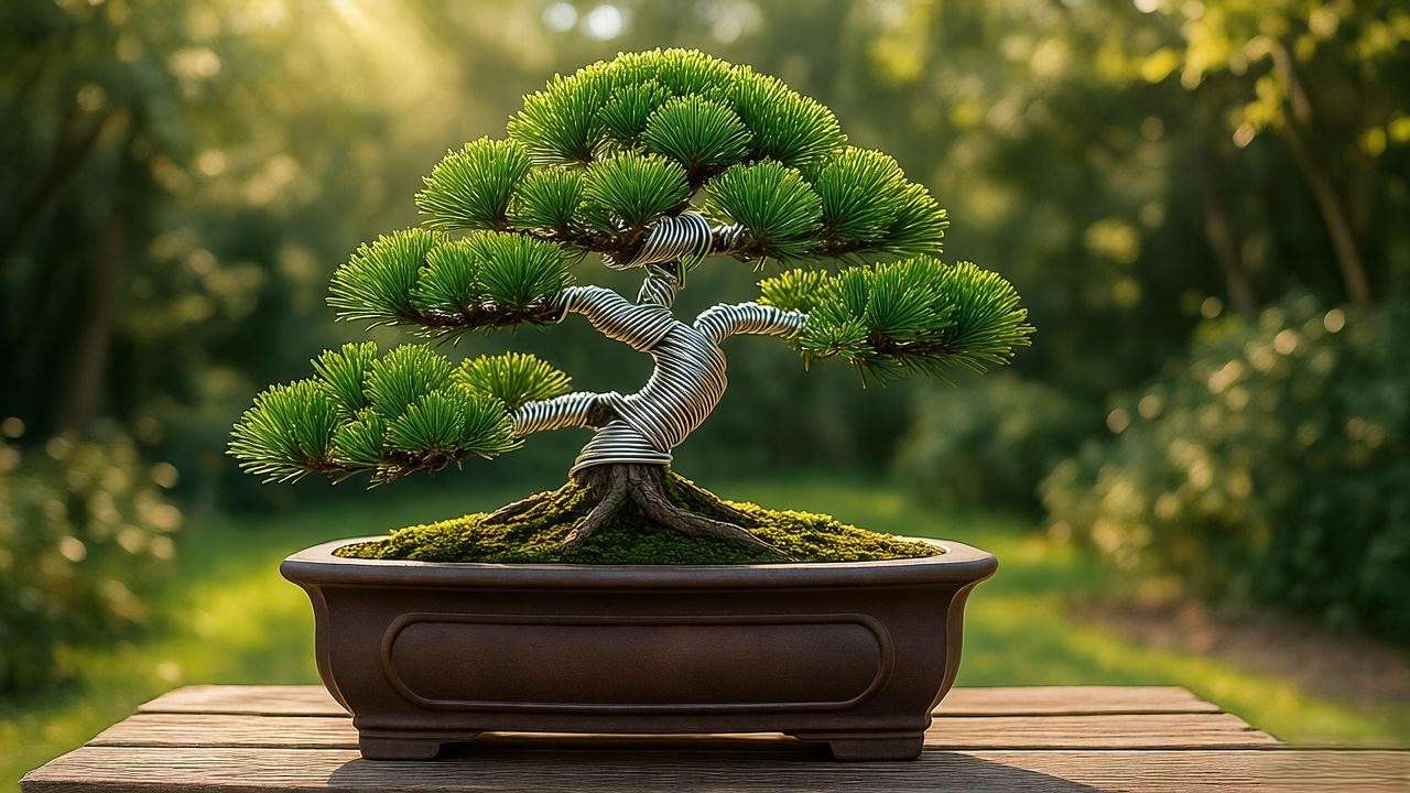Picea bonsai tree wired into a cascading style on a wooden table in a serene outdoor setting."