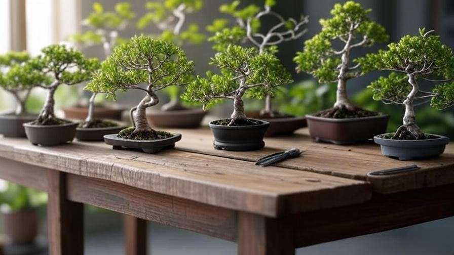 Small bonsai trees with wires shaping branches on wooden table