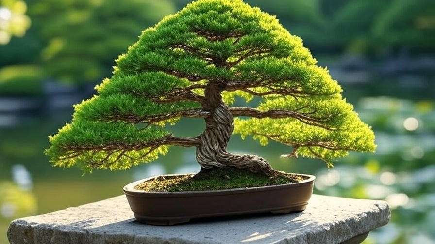 Hinoki cypress bonsai tree wired with aluminum wire in slanting Shakan style in garden setting"