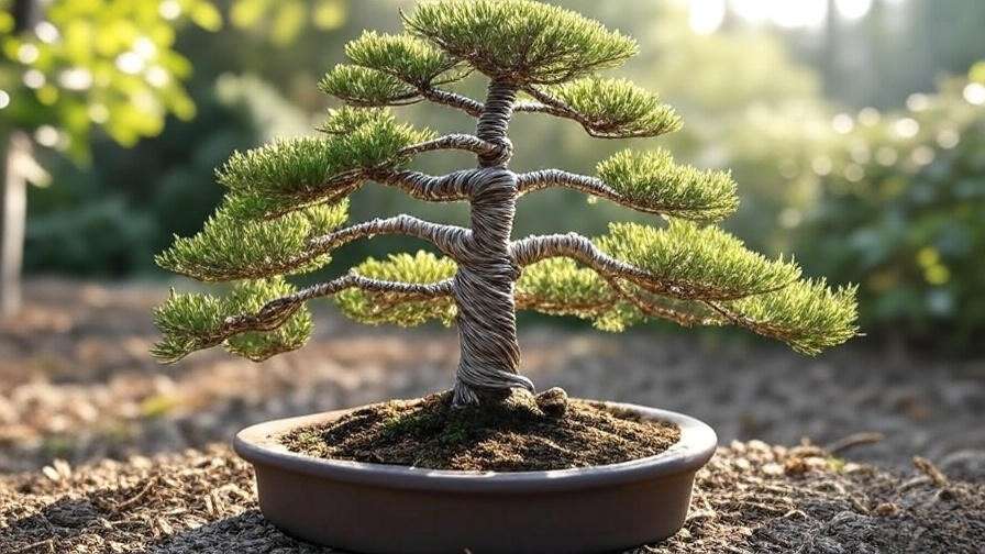 Bald cypress bonsai wired in informal upright style outdoors".