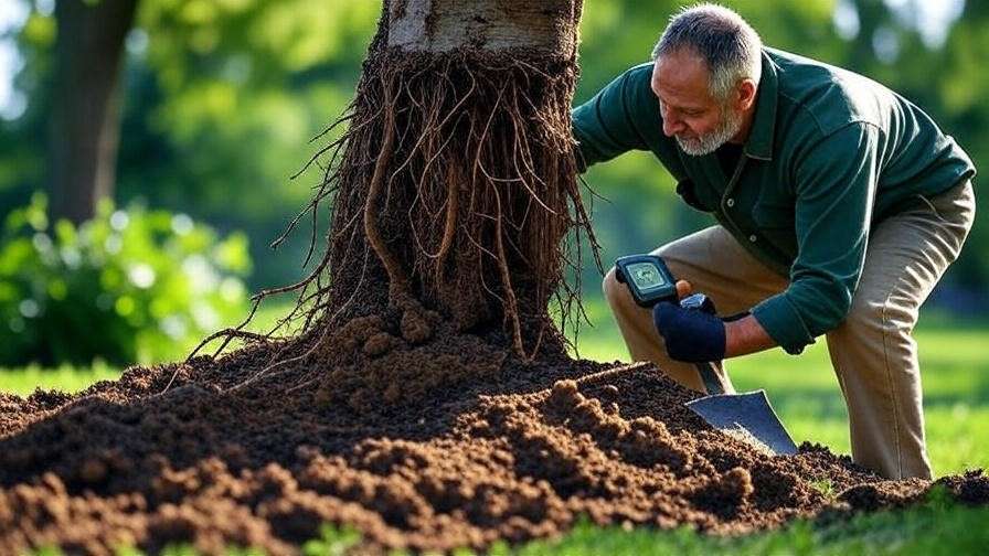 Arborist inspecting cherry tree roots with tools in a lush garden, showing professional care."