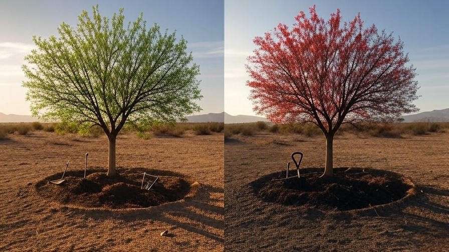 Red Push Pistache tree in four seasons—spring, summer, fall red, winter—desert landscape with gardening tools