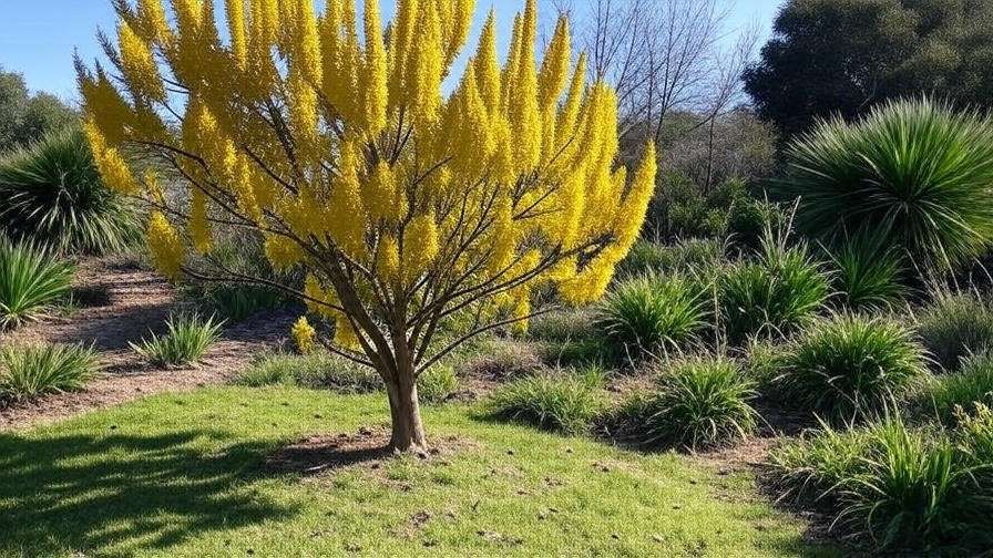 Yellow Buckeye tree with upright yellow flowers in a native garden landscape"