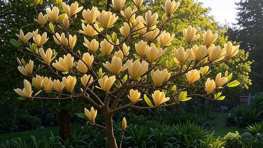 Yellow Magnolia tree with creamy yellow blooms in a serene garden at golden hour.