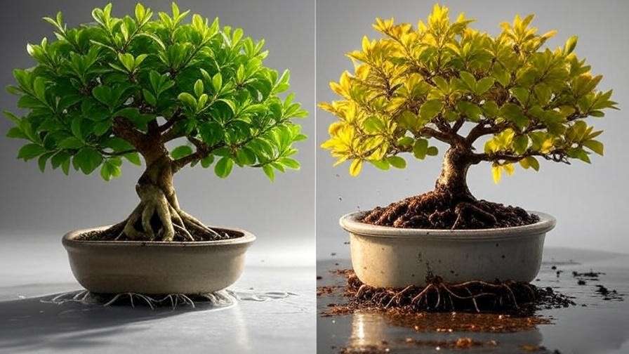 "Comparison of healthy money tree bonsai and one with yellowing leaves from overwatering, focusing on root health."