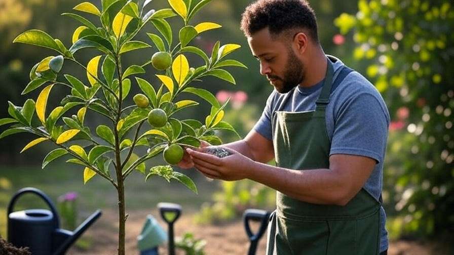 Bearss lime tree with yellow leaves and person adding citrus fertilizer.