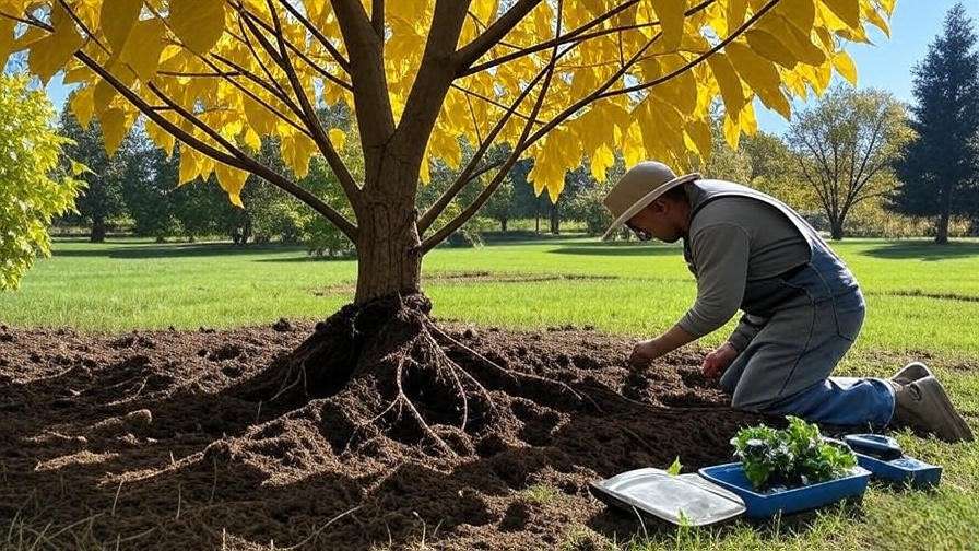 Gardener inspecting McKinley tree with yellowing leaves and soil testing kit."