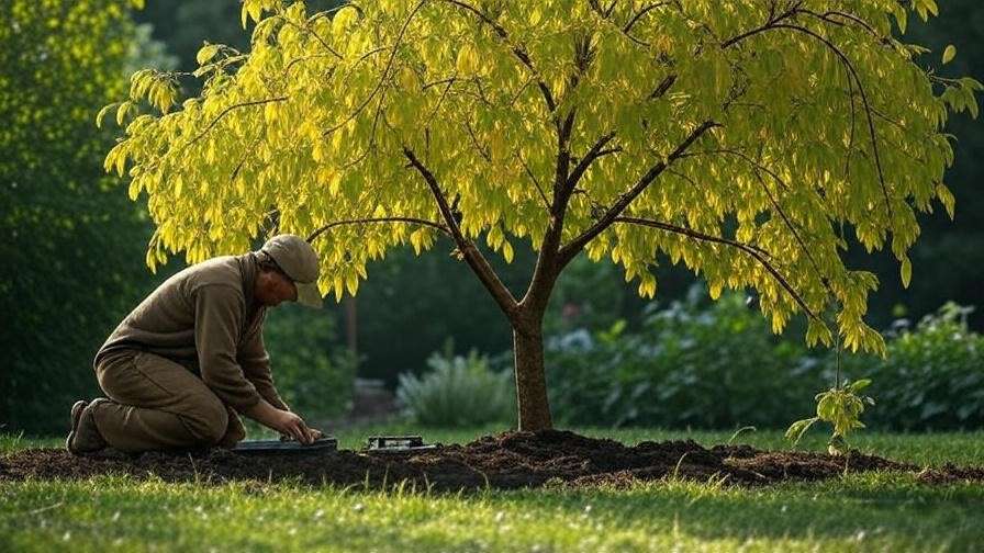 Weeping crabapple tree with yellow leaves and gardener testing soil in a garden."