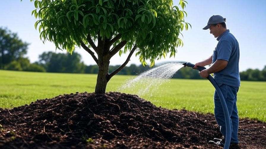 Gardener watering droopy tree with soaker hose and improved soil."