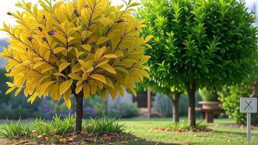 "Lime tree with over-fertilization damage next to healthy tree."