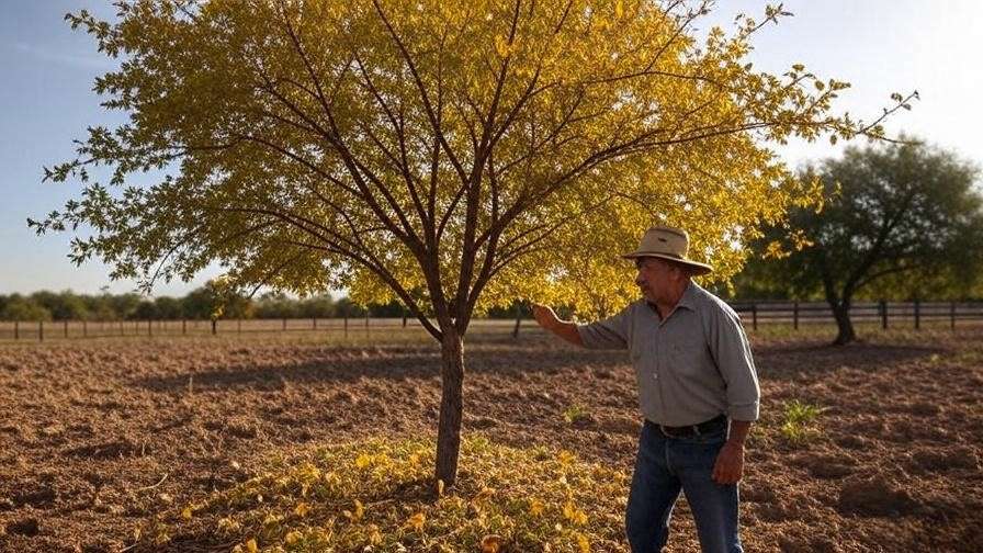 Gardener inspecting a Vitex tree with yellowing leaves in Texas"