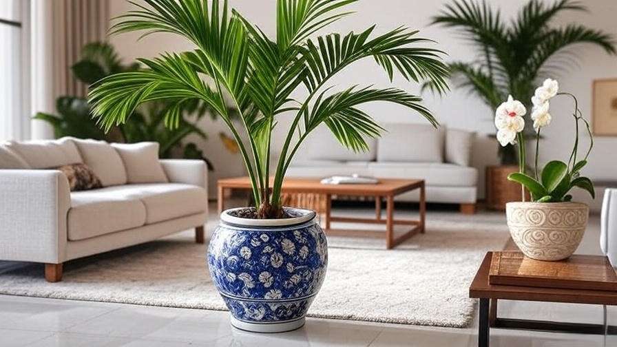 Areca Palm in a ceramic pot styled in a modern living room with orchids and coffee table".