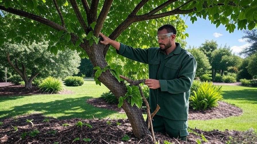 rborist pruning a rotten tree branch with saw and applying mulch for drainage".