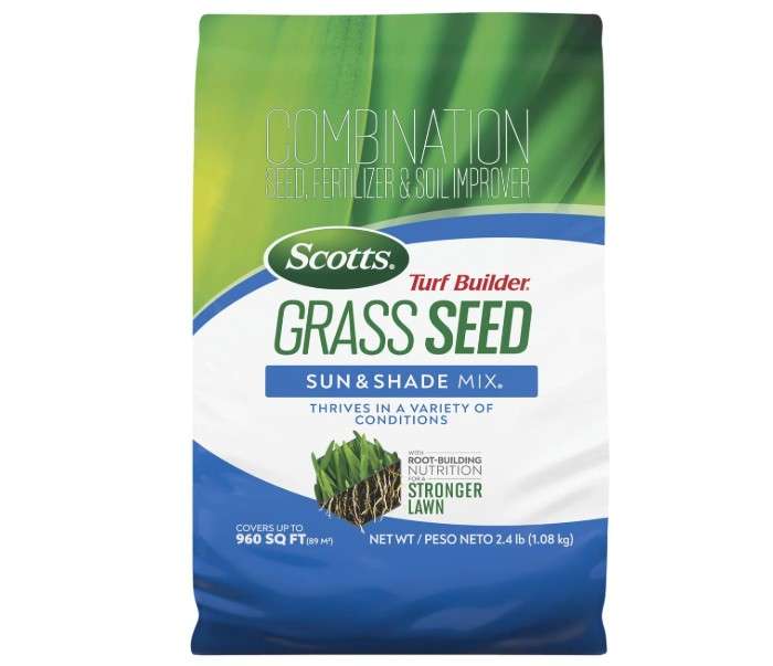 Scotts Turf Builder Grass Seed Sun & Shade Mix with Fertilizer and Soil Improver, Thrives in Many Conditions, 2.4 lbs. 
