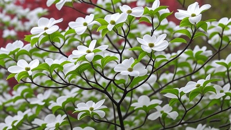 Close-up of a flowering dogwood with white bracts and red fall foliage in a spring garden. 