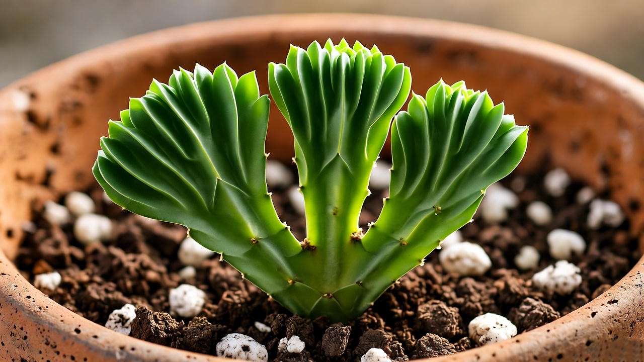Close-up of a Paloma plant with crested green stems in a terracotta pot, showcasing its unique botanical profile. 