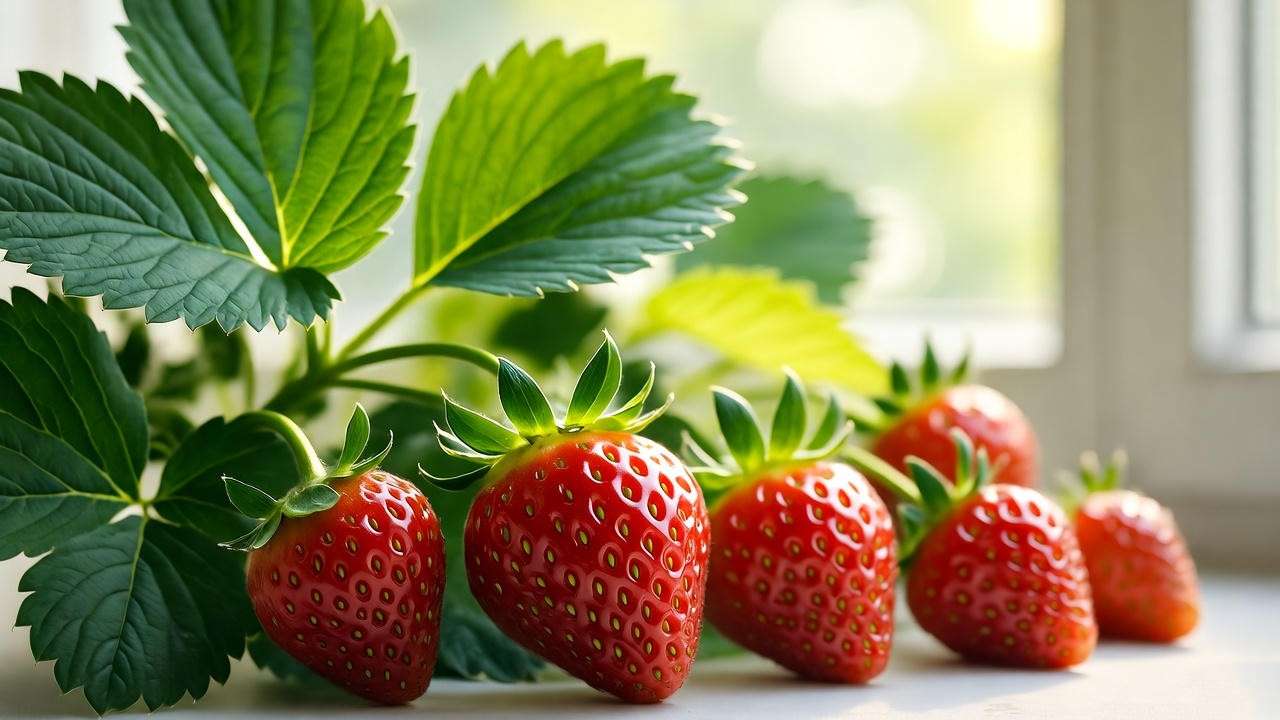 "Close-up of diverse strawberry varieties like Albion and Seascape for DIY strawberry planting tower." 