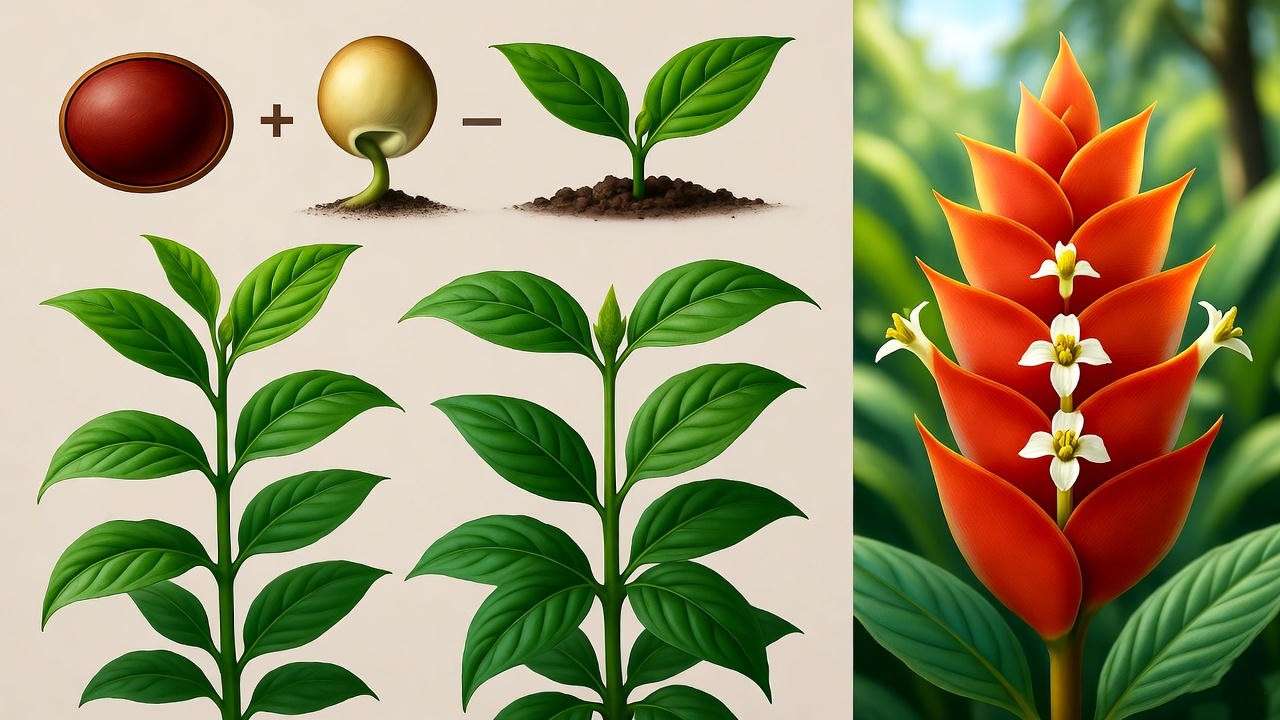 "Shrimp plant lifecycle diagram with seed, sprout, growth, and vibrant orange-red bracts" 