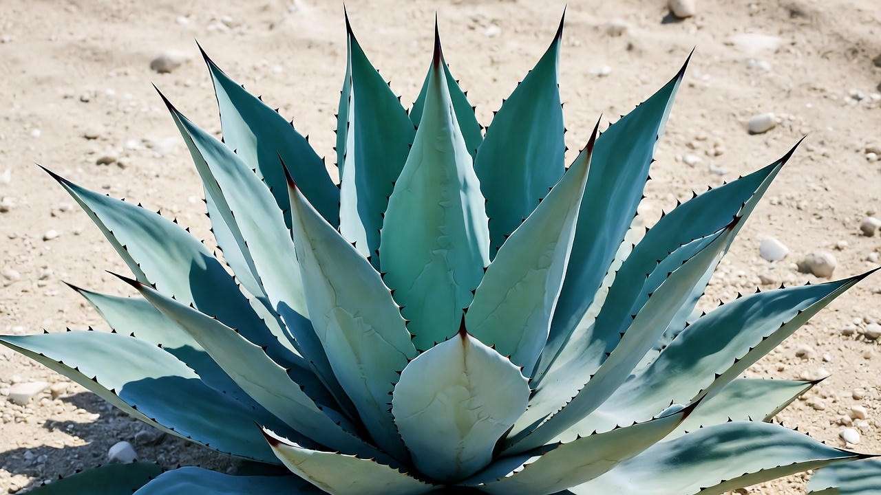 "Close-up of Agave americana thriving in a desert gravel garden with spiky blue-green leaves." 