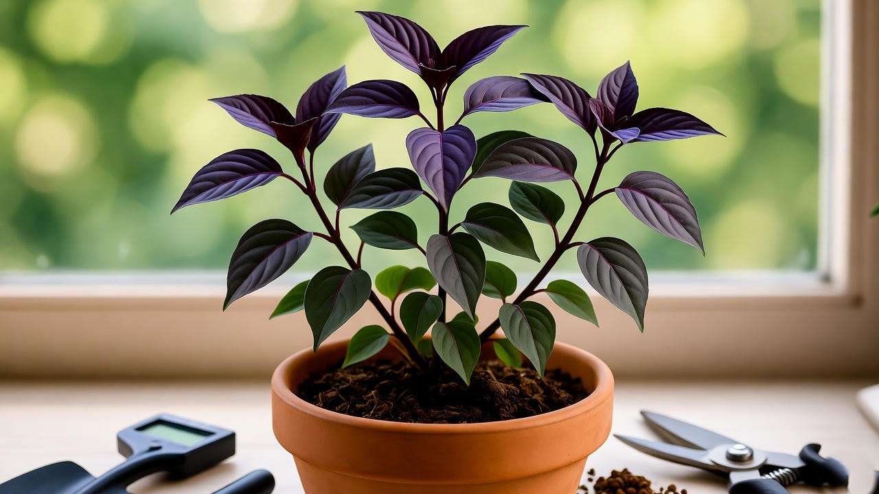  "Krishna Tulsi plant in a terracotta pot with soil mix and pH test kit on a windowsill." 