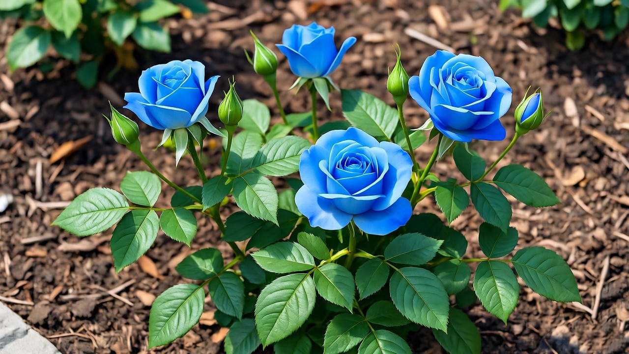 Close-up of a blue rose bush plant with vibrant blooms and mulch, showcasing proper planting techniques.