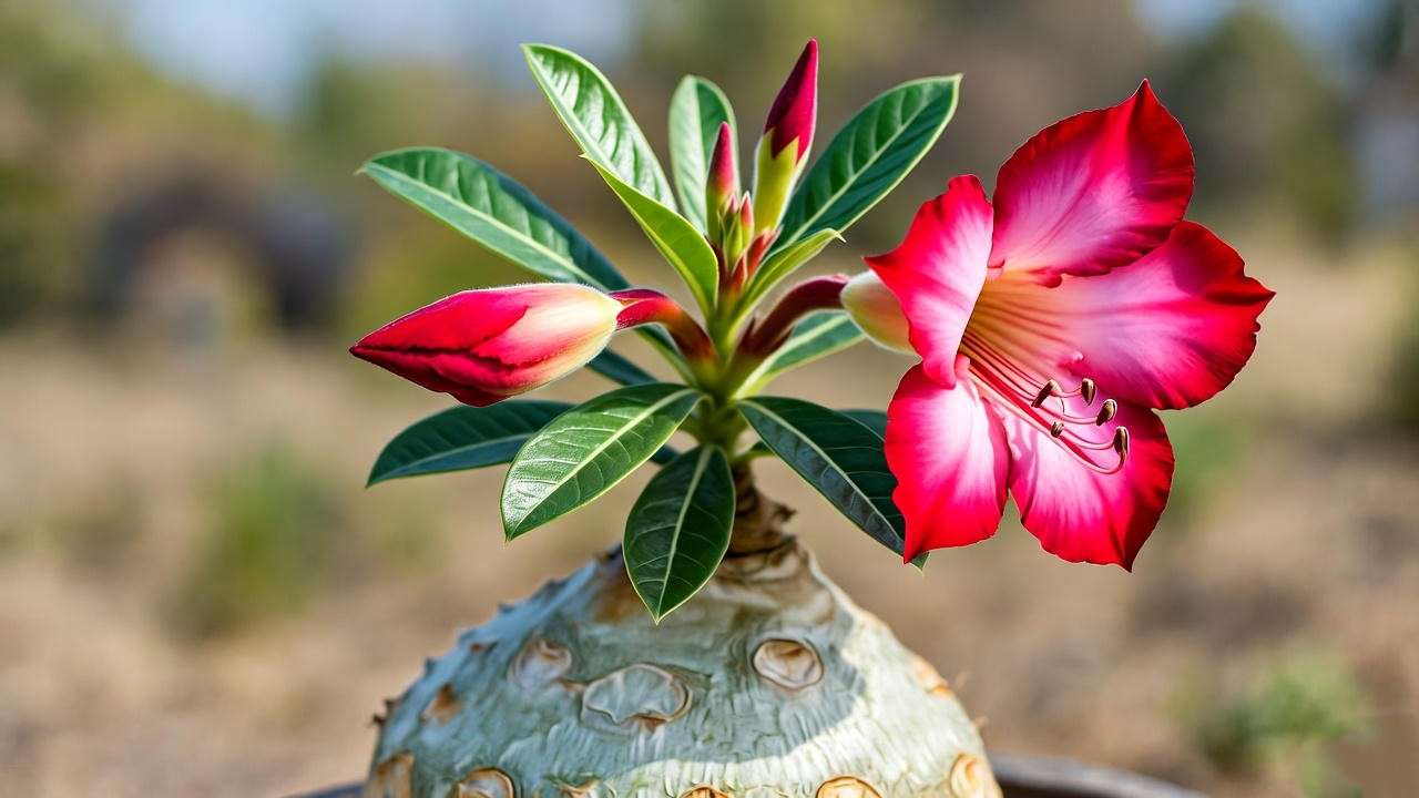 t: "Close-up of a desert rose bonsai plant with pink blooms and swollen caudex."