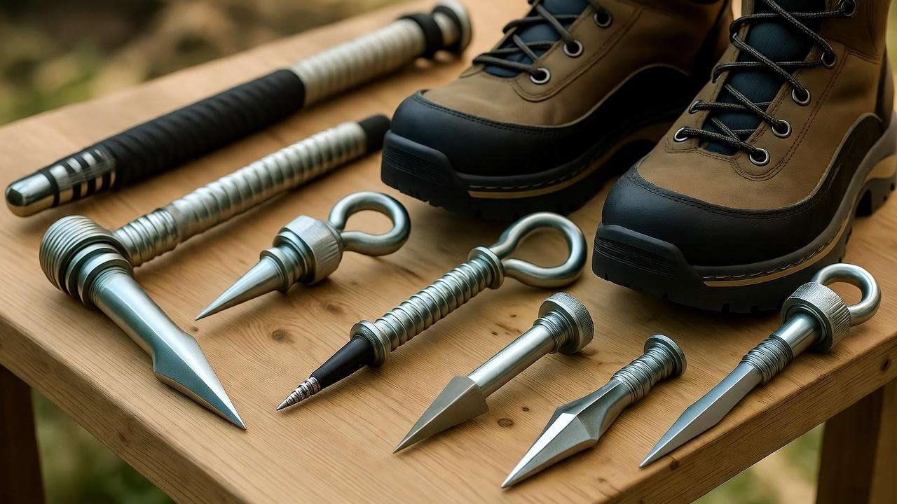  "Close-up of tree climbing spikes and boots on workbench for arborist use"