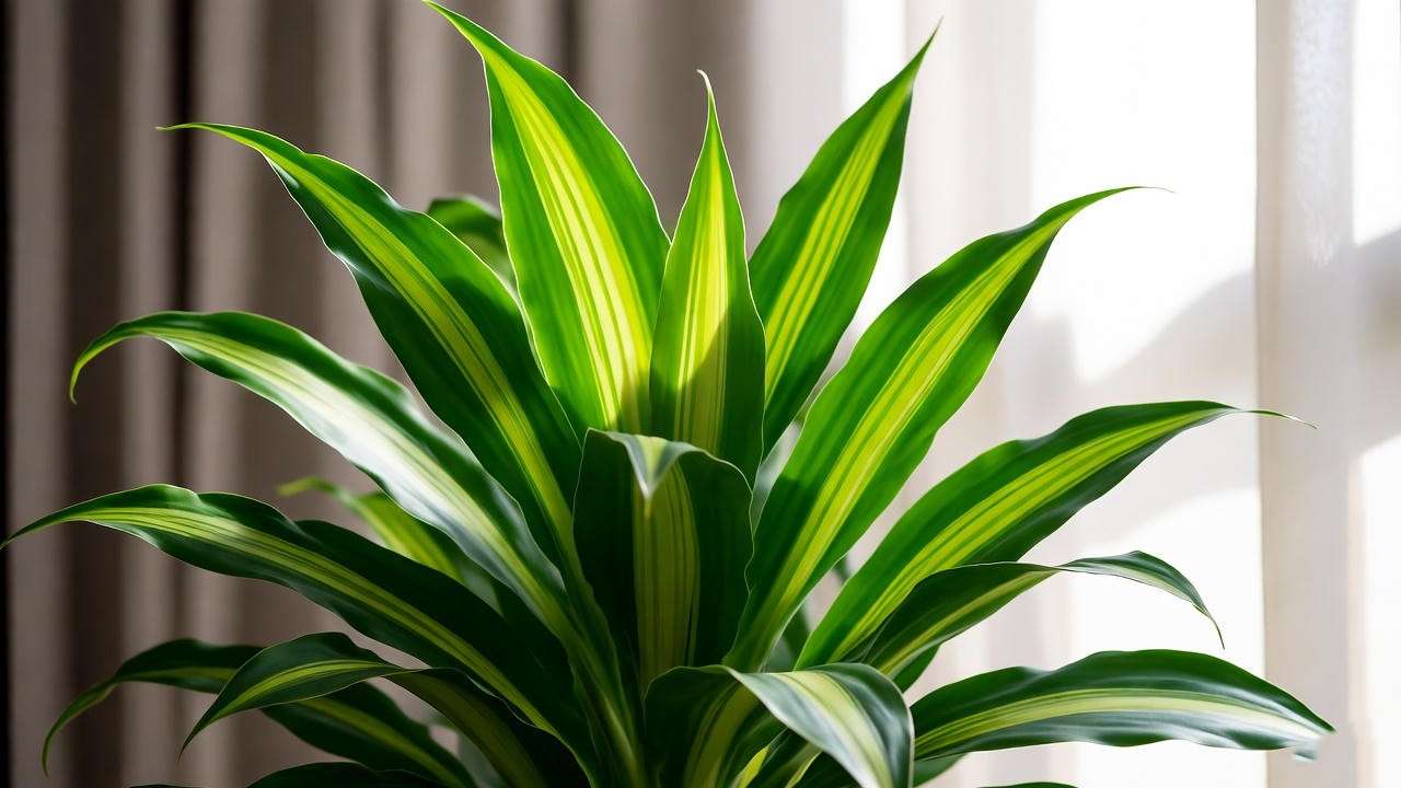 'Healthy Dracaena spike plant thriving in bright indirect sunlight through a sheer-curtained window.' 