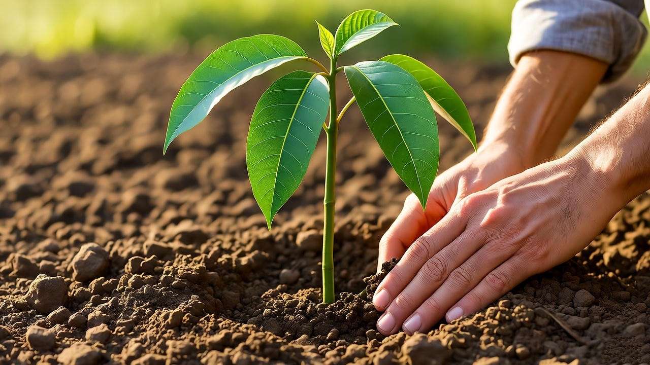 "Healthy Alphonso mango sapling being planted with compost in loamy soil" 