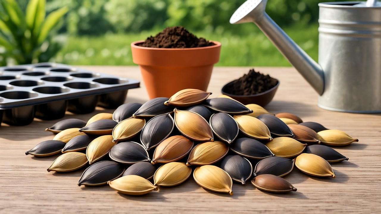 "Close-up of bamboo plant seeds with gardening tools for preparation." 