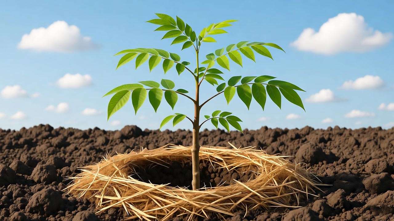 "Young tamarind sapling in well-draining loamy soil with organic mulch in a sunny garden.