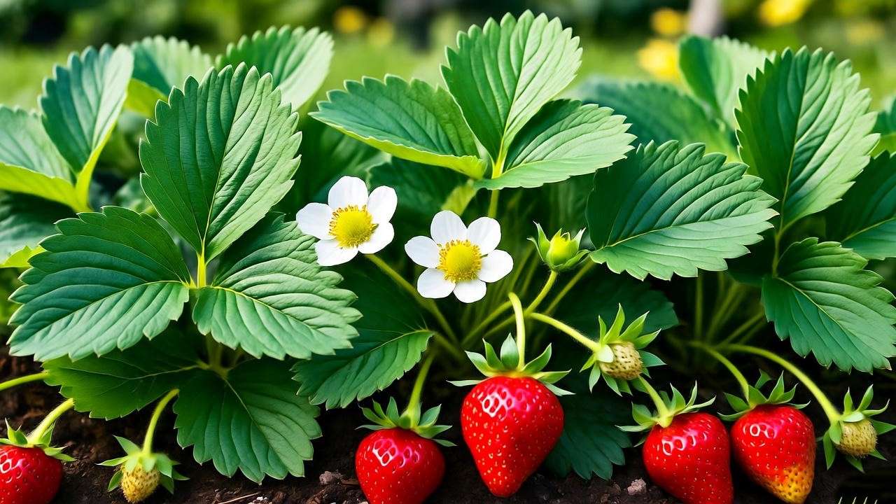 "Close-up of healthy strawberry plants with ripe berries and flowers in a garden bed." 