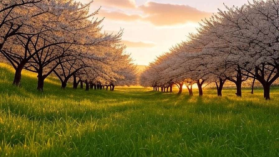  Row of Yoshino cherry trees with white blossoms in a sunset-lit grassy field. 