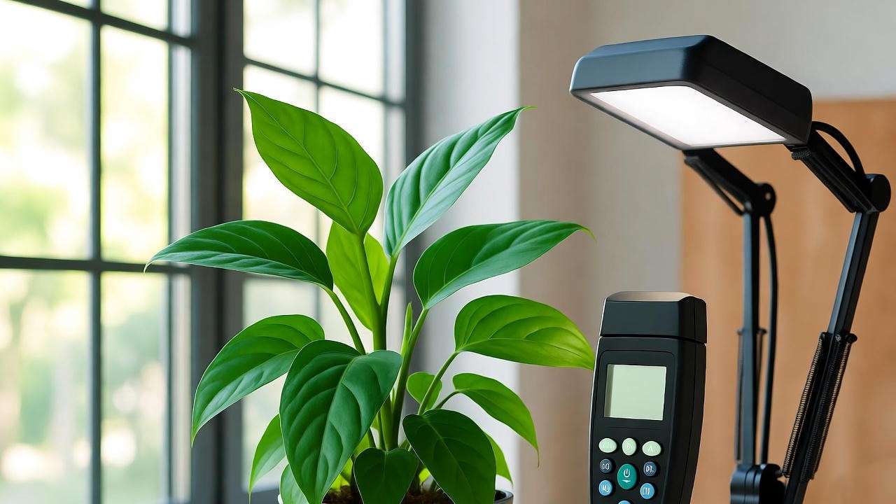 Paloma plant thriving in bright indirect light with light meter and grow light setup.